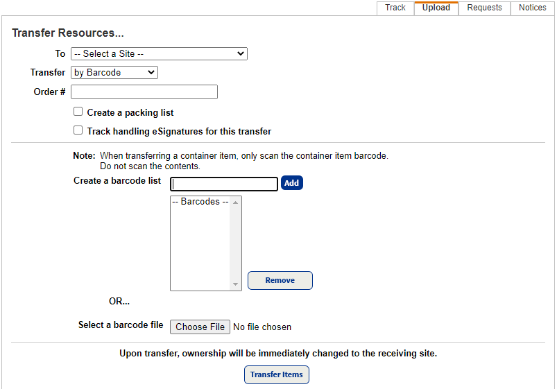 Transfer Resources page for a transfer by barcode.